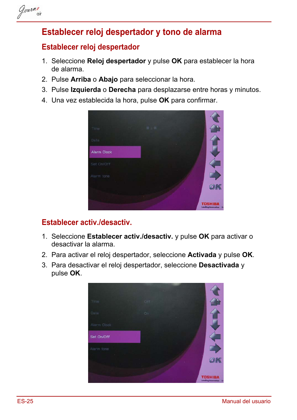 Establecer reloj despertador y tono de alarma | Toshiba JournE Air800-801 User Manual | Page 218 / 706