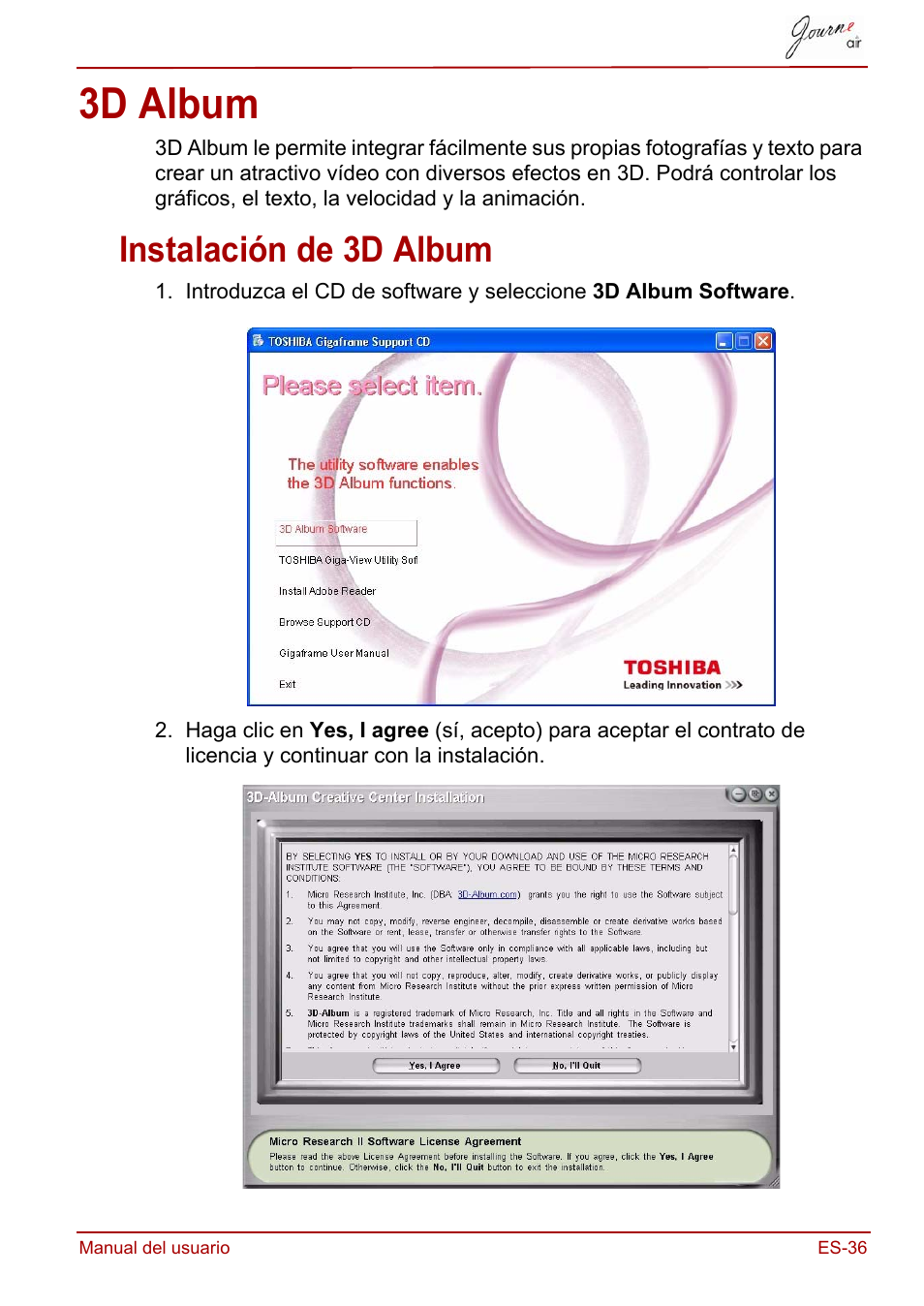 3d album, Instalación de 3d album | Toshiba JournE Air800-801 User Manual | Page 229 / 706