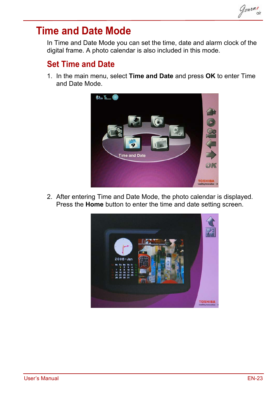 Time and date mode, Set time and date | Toshiba JournE Air800-801 User Manual | Page 23 / 706