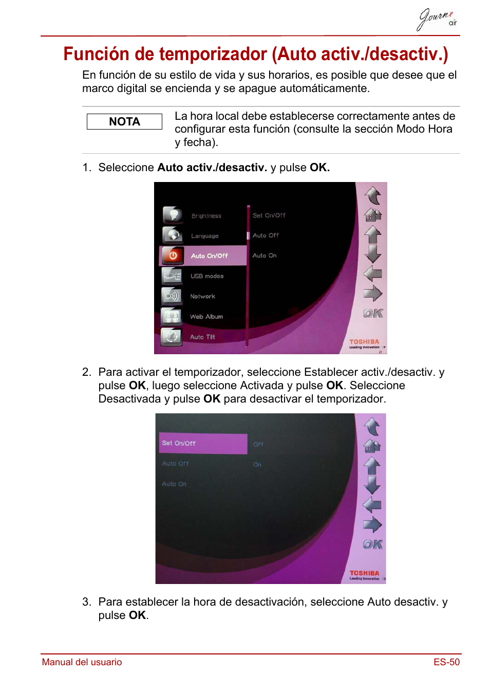 Función de temporizador (auto activ./desactiv.) | Toshiba JournE Air800-801 User Manual | Page 243 / 706