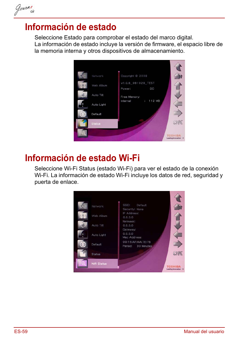 Información de estado, Información de estado wi-fi, Información de estado información de estado wi-fi | Toshiba JournE Air800-801 User Manual | Page 252 / 706