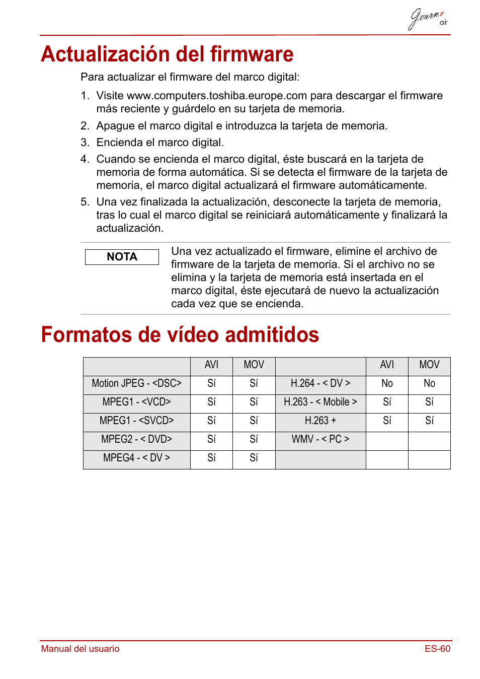 Actualización del firmware, Formatos de vídeo admitidos | Toshiba JournE Air800-801 User Manual | Page 253 / 706