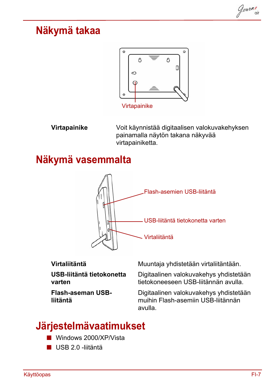 Näkymä takaa, Näkymä vasemmalta, Järjestelmävaatimukset | Toshiba JournE Air800-801 User Manual | Page 265 / 706