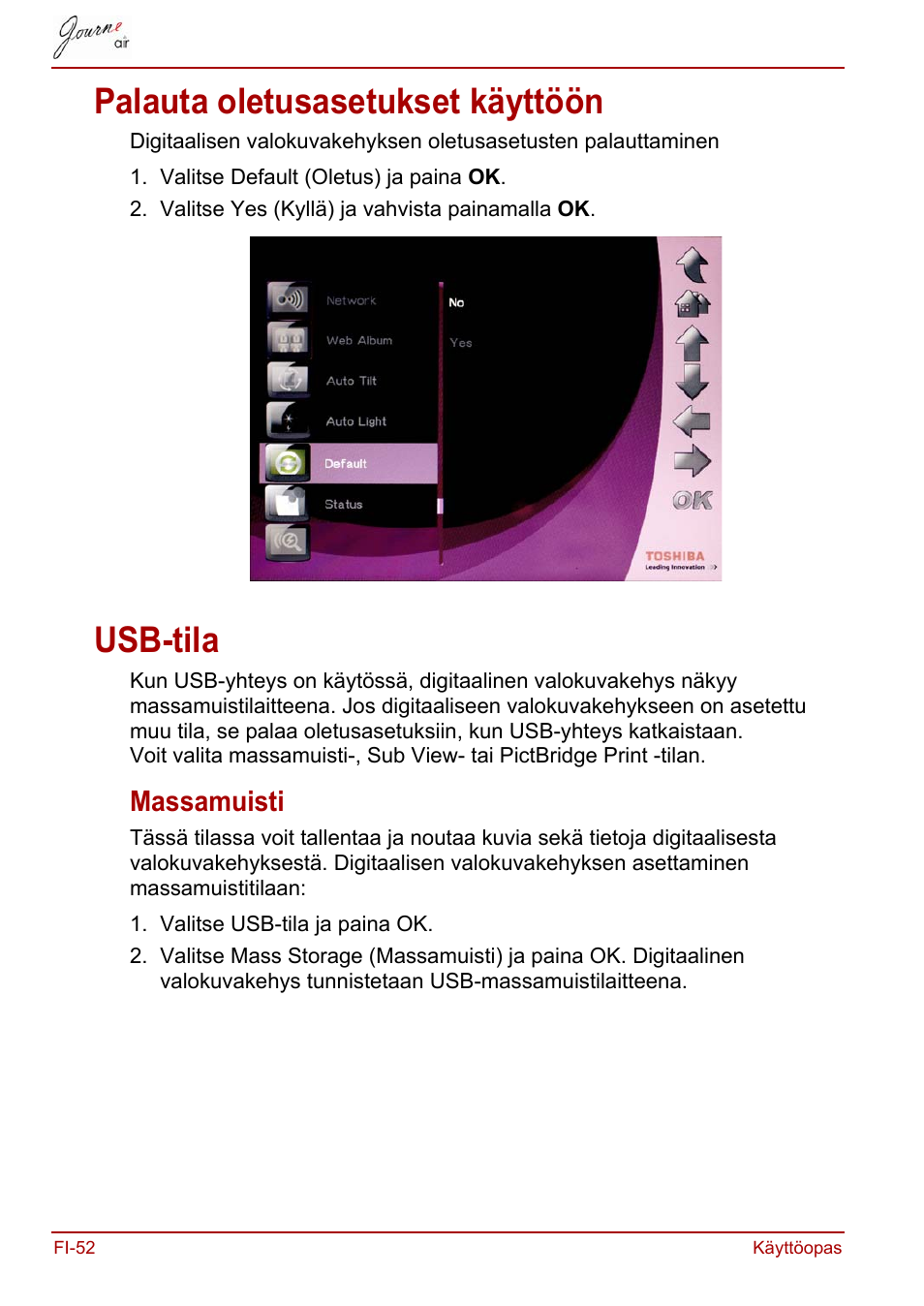 Palauta oletusasetukset käyttöön, Usb-tila, Massamuisti | Palauta oletusasetukset käyttöön usb-tila | Toshiba JournE Air800-801 User Manual | Page 310 / 706