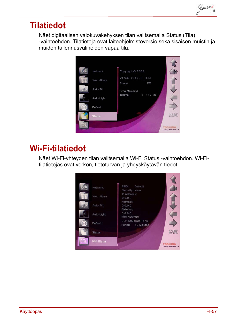 Tilatiedot, Wi-fi-tilatiedot, Tilatiedot wi-fi-tilatiedot | Toshiba JournE Air800-801 User Manual | Page 315 / 706