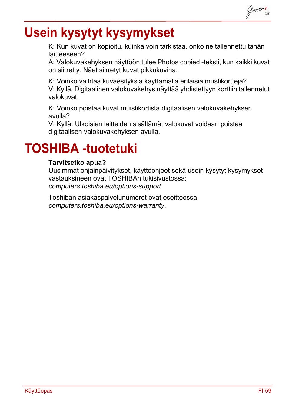 Usein kysytyt kysymykset, Toshiba -tuotetuki, Usein kysytyt kysymykset toshiba -tuotetuki | Toshiba JournE Air800-801 User Manual | Page 317 / 706