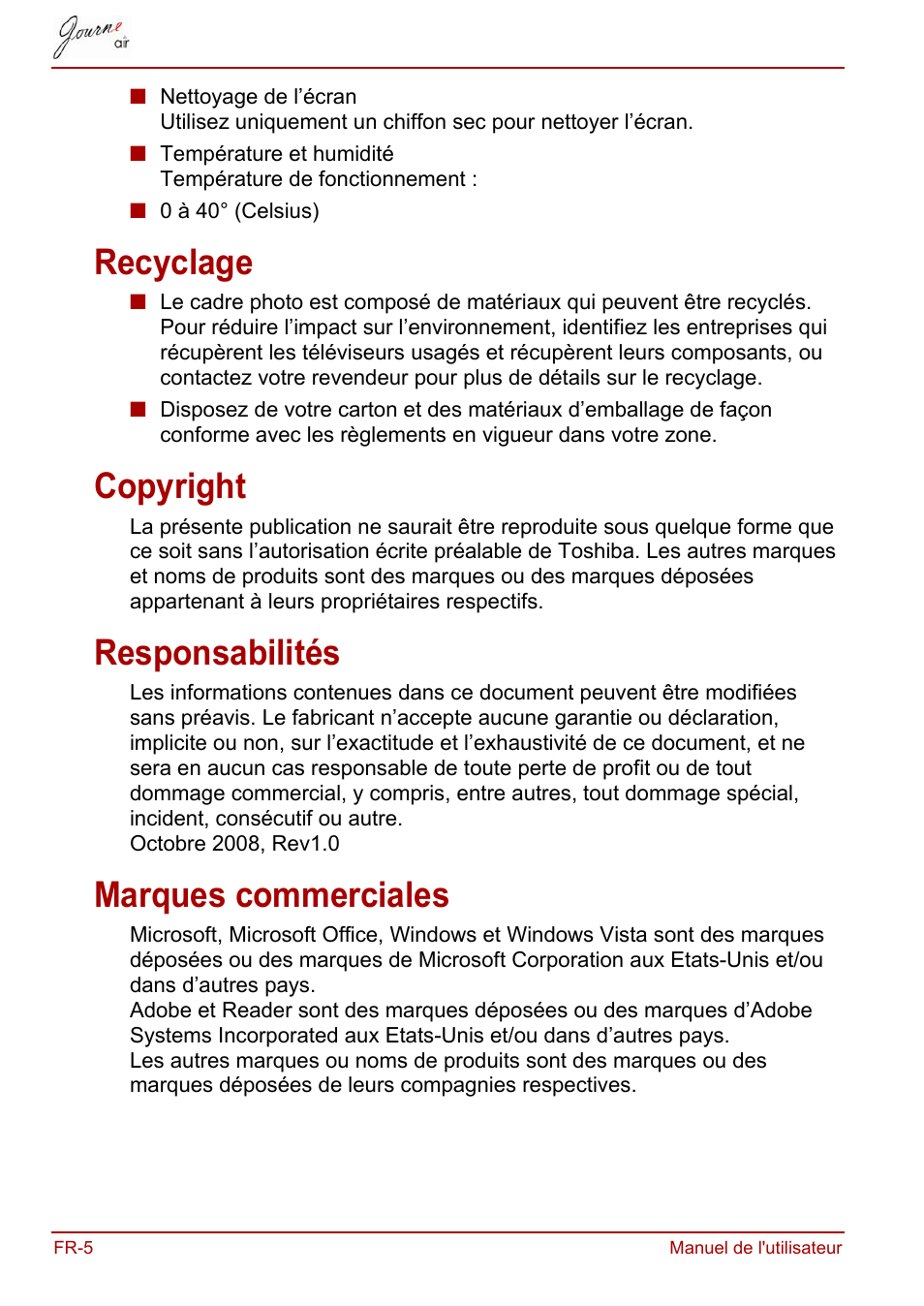 Recyclage, Copyright, Responsabilités | Marques commerciales | Toshiba JournE Air800-801 User Manual | Page 326 / 706