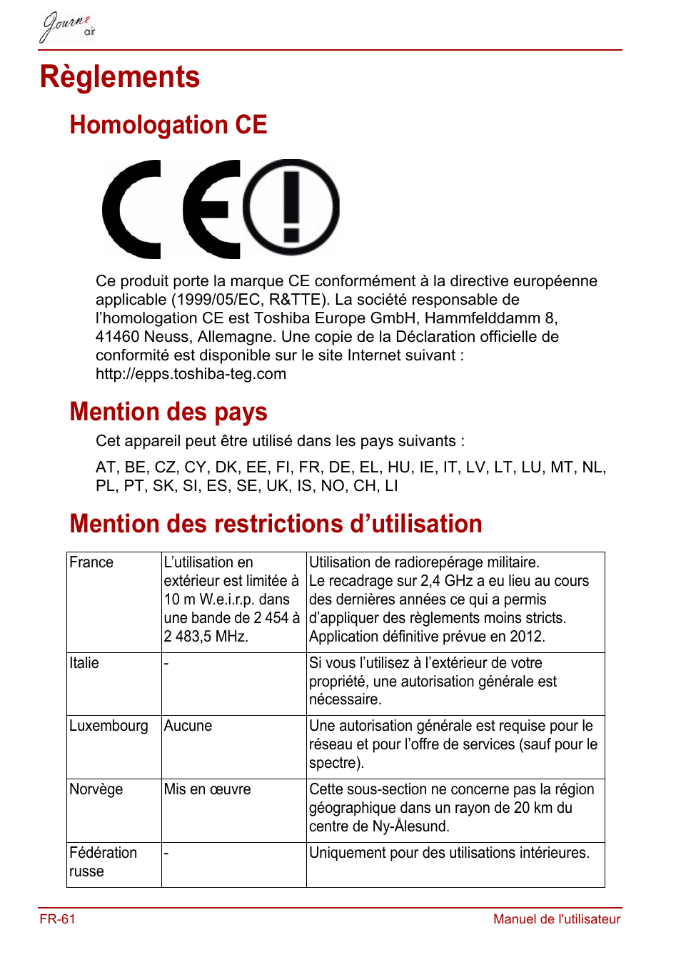 Règlements, Homologation ce, Mention des pays | Mention des restrictions d’utilisation | Toshiba JournE Air800-801 User Manual | Page 382 / 706