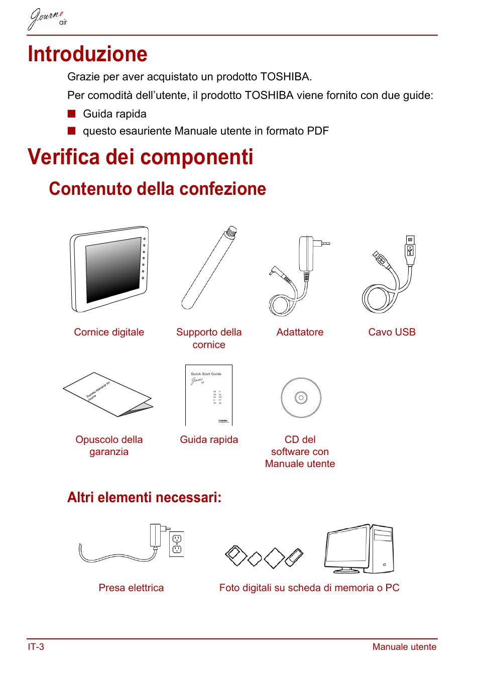 Introduzione, Verifica dei componenti, Introduzione verifica dei componenti | Contenuto della confezione, Altri elementi necessari | Toshiba JournE Air800-801 User Manual | Page 388 / 706