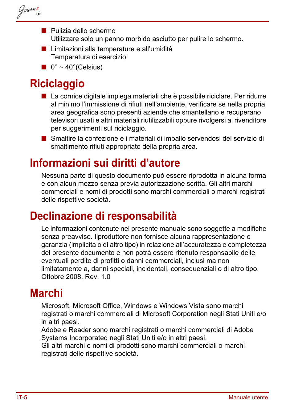 Riciclaggio, Informazioni sui diritti d’autore, Declinazione di responsabilità | Marchi | Toshiba JournE Air800-801 User Manual | Page 390 / 706