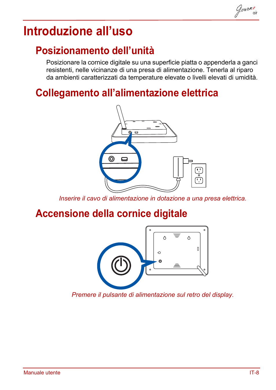 Introduzione all’uso, Posizionamento dell’unità, Collegamento all’alimentazione elettrica | Accensione della cornice digitale | Toshiba JournE Air800-801 User Manual | Page 393 / 706