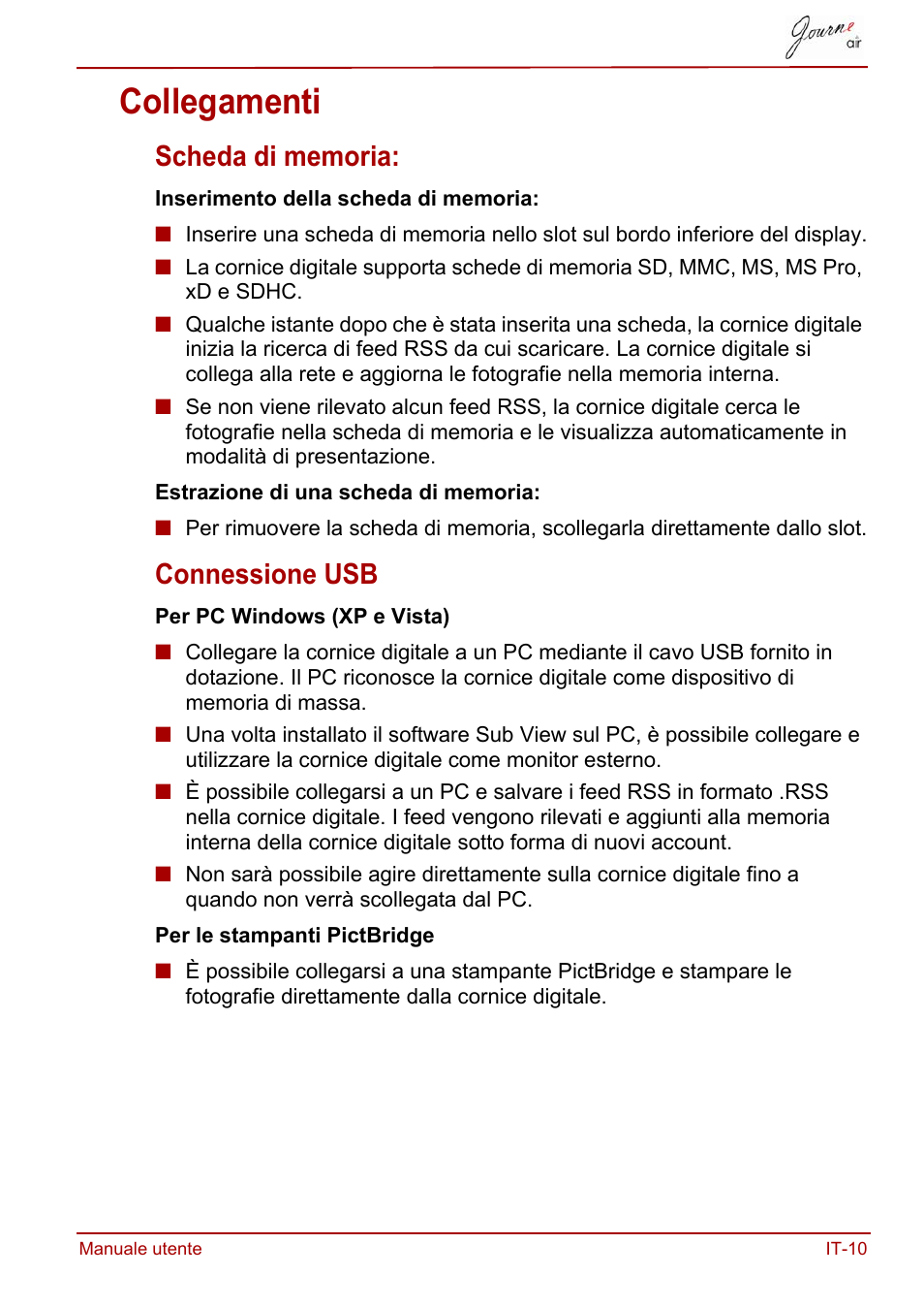 Collegamenti, Scheda di memoria, Connessione usb | Scheda di memoria: connessione usb | Toshiba JournE Air800-801 User Manual | Page 395 / 706