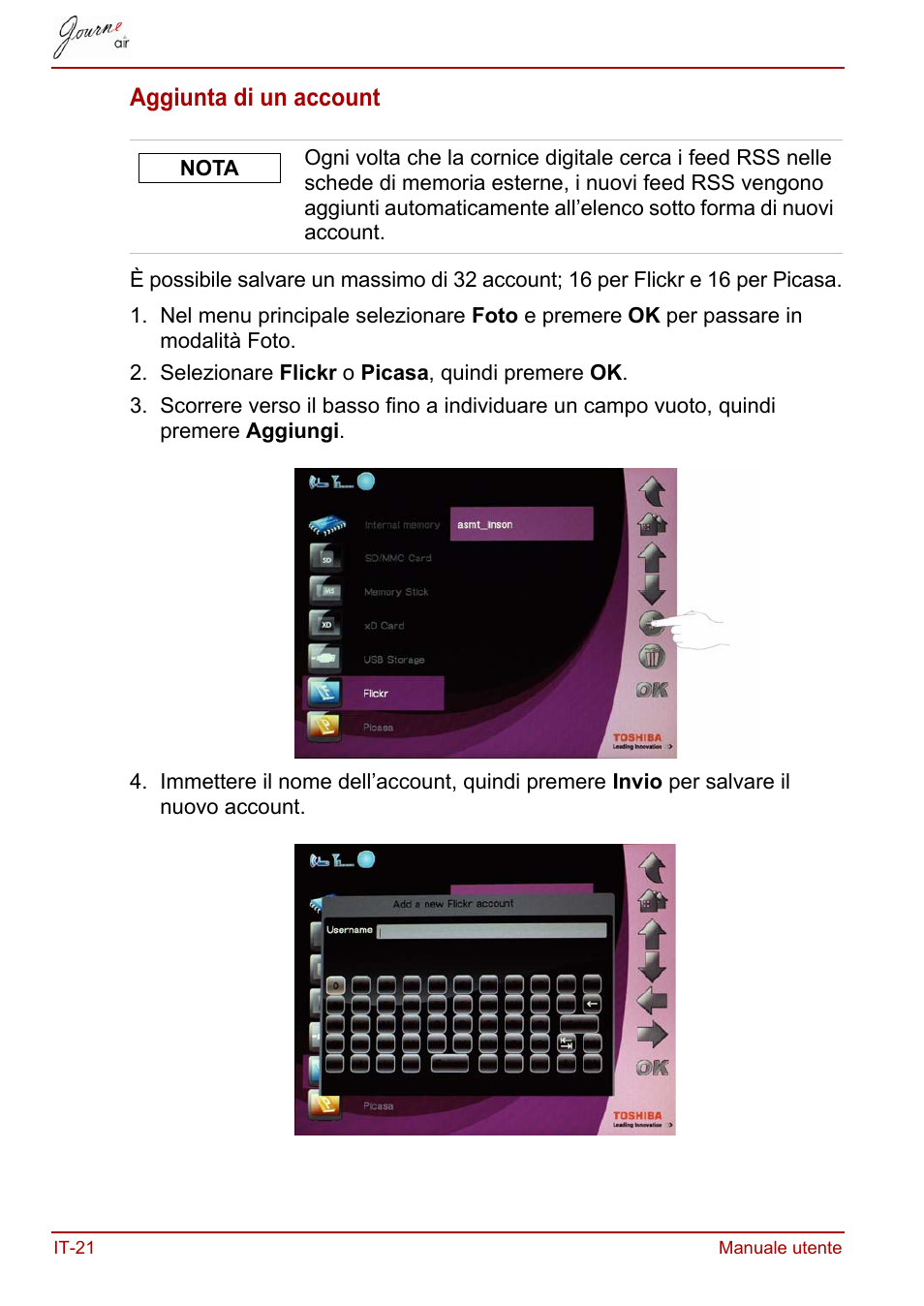 Aggiunta di un account | Toshiba JournE Air800-801 User Manual | Page 406 / 706