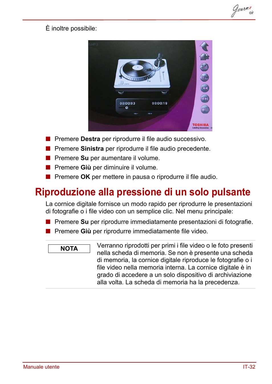 Riproduzione alla pressione di un solo pulsante | Toshiba JournE Air800-801 User Manual | Page 417 / 706