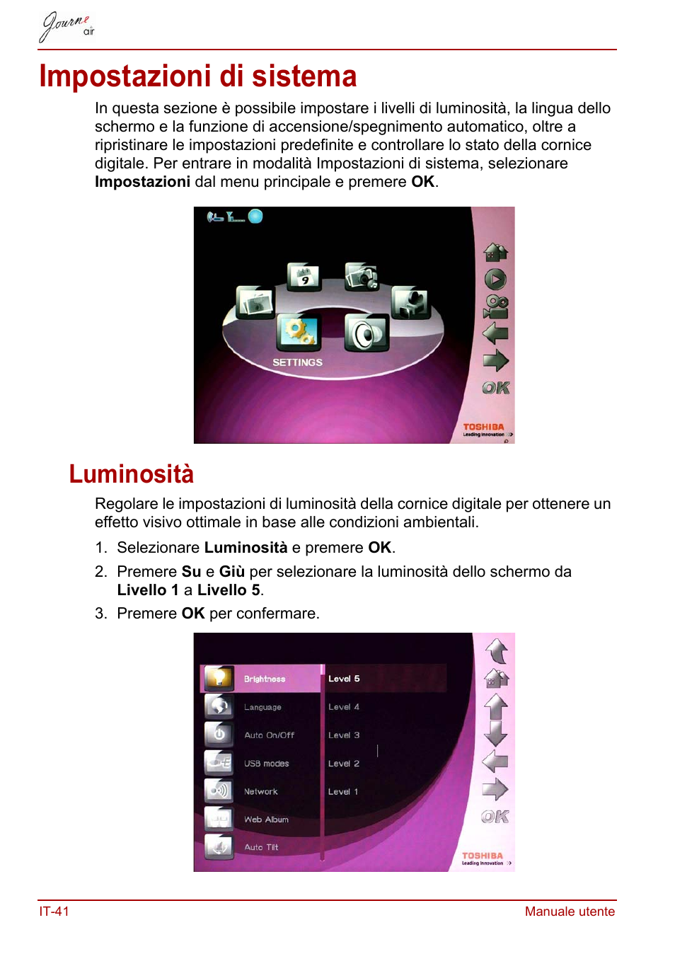 Impostazioni di sistema, Luminosità | Toshiba JournE Air800-801 User Manual | Page 426 / 706