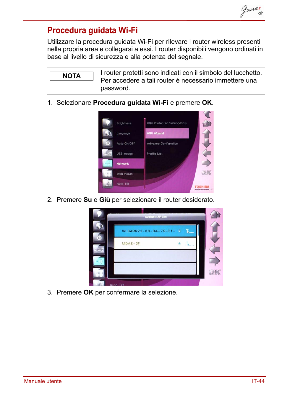 Procedura guidata wi-fi | Toshiba JournE Air800-801 User Manual | Page 429 / 706