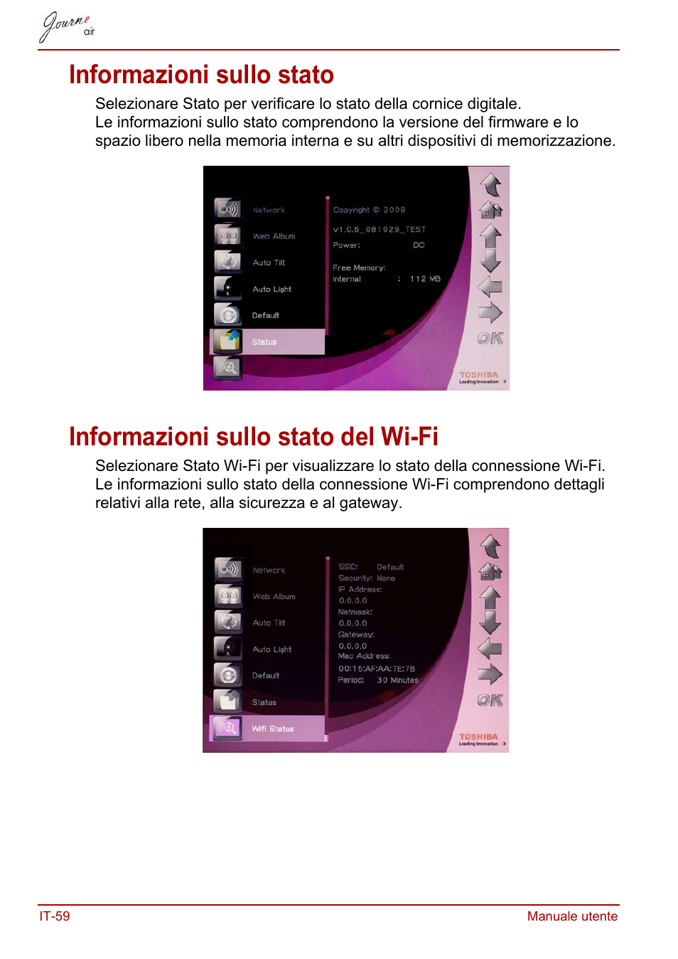 Informazioni sullo stato, Informazioni sullo stato del wi-fi | Toshiba JournE Air800-801 User Manual | Page 444 / 706