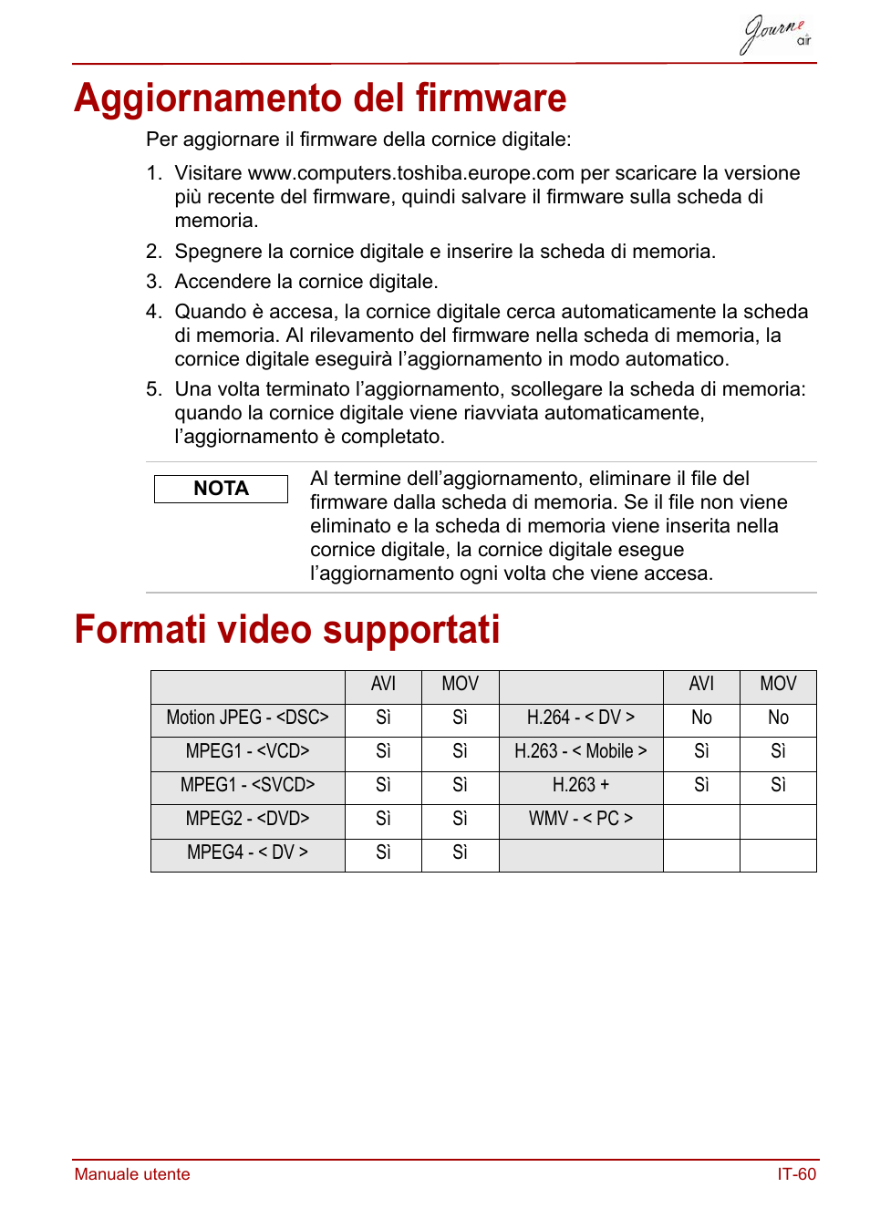 Aggiornamento del firmware, Formati video supportati | Toshiba JournE Air800-801 User Manual | Page 445 / 706