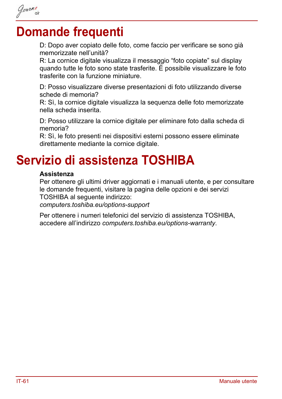 Domande frequenti, Servizio di assistenza toshiba, Domande frequenti servizio di assistenza toshiba | Toshiba JournE Air800-801 User Manual | Page 446 / 706