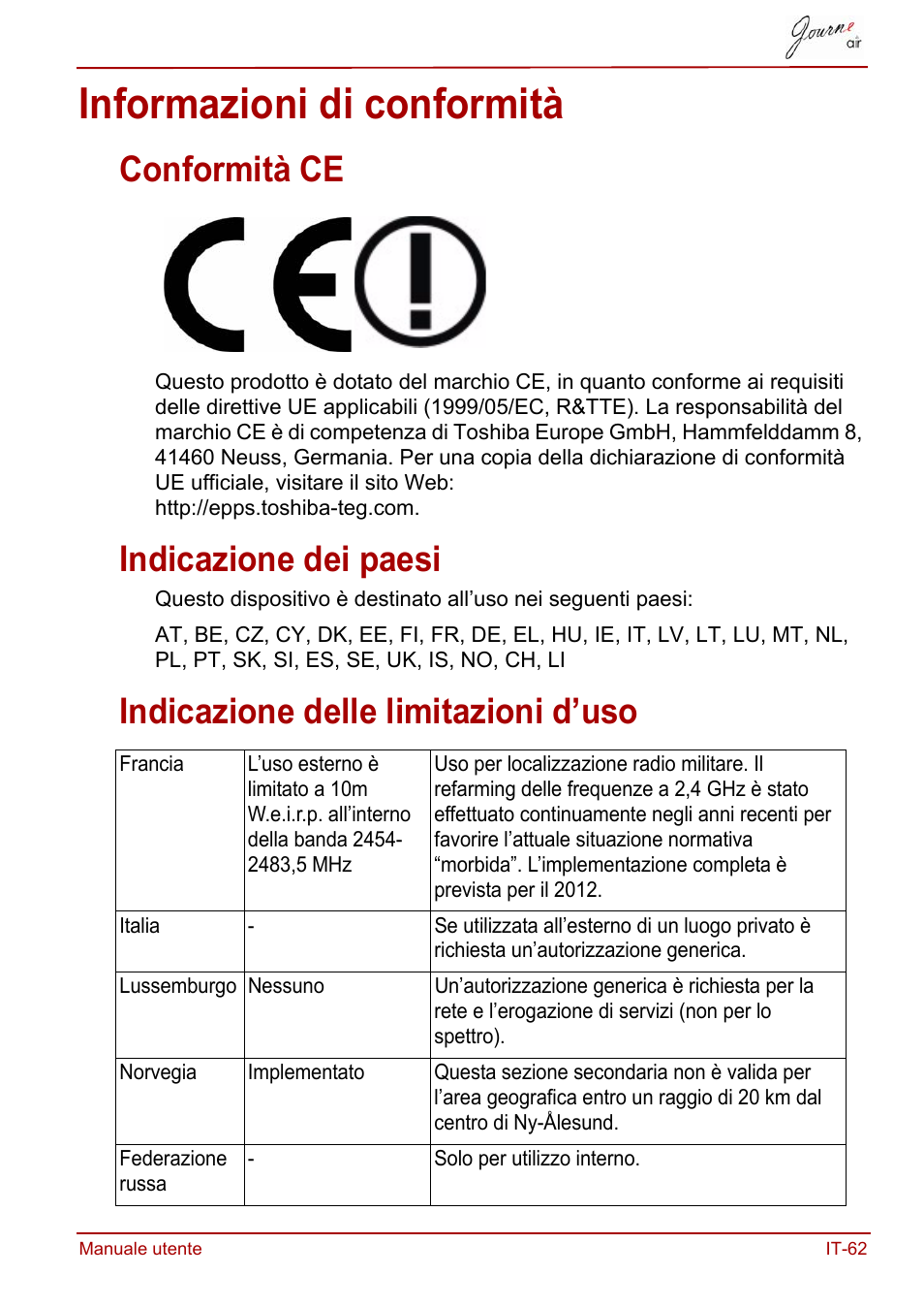 Informazioni di conformità, Conformità ce, Indicazione dei paesi | Indicazione delle limitazioni d’uso | Toshiba JournE Air800-801 User Manual | Page 447 / 706