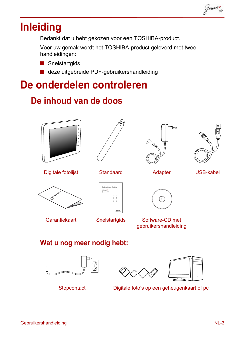 Inleiding, De onderdelen controleren, Inleiding de onderdelen controleren | De inhoud van de doos, Wat u nog meer nodig hebt | Toshiba JournE Air800-801 User Manual | Page 453 / 706