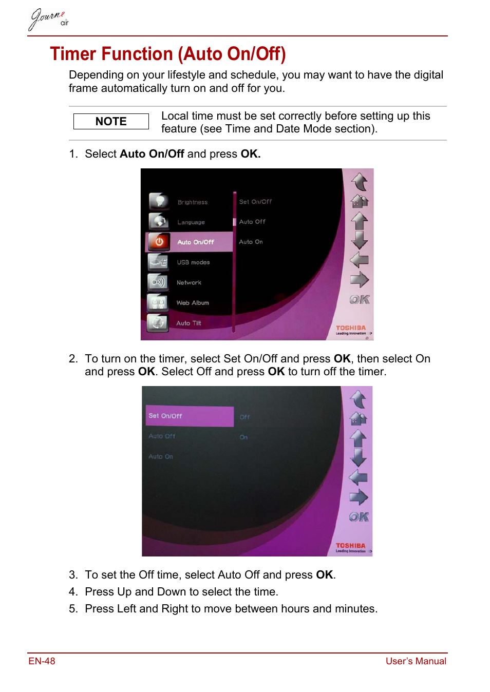 Timer function (auto on/off) | Toshiba JournE Air800-801 User Manual | Page 48 / 706