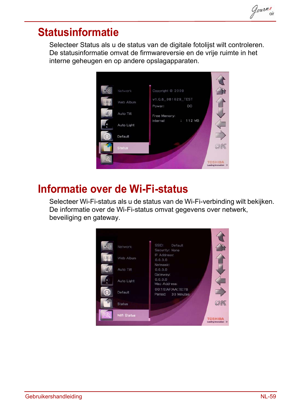 Statusinformatie, Informatie over de wi-fi-status, Statusinformatie informatie over de wi-fi-status | Toshiba JournE Air800-801 User Manual | Page 509 / 706