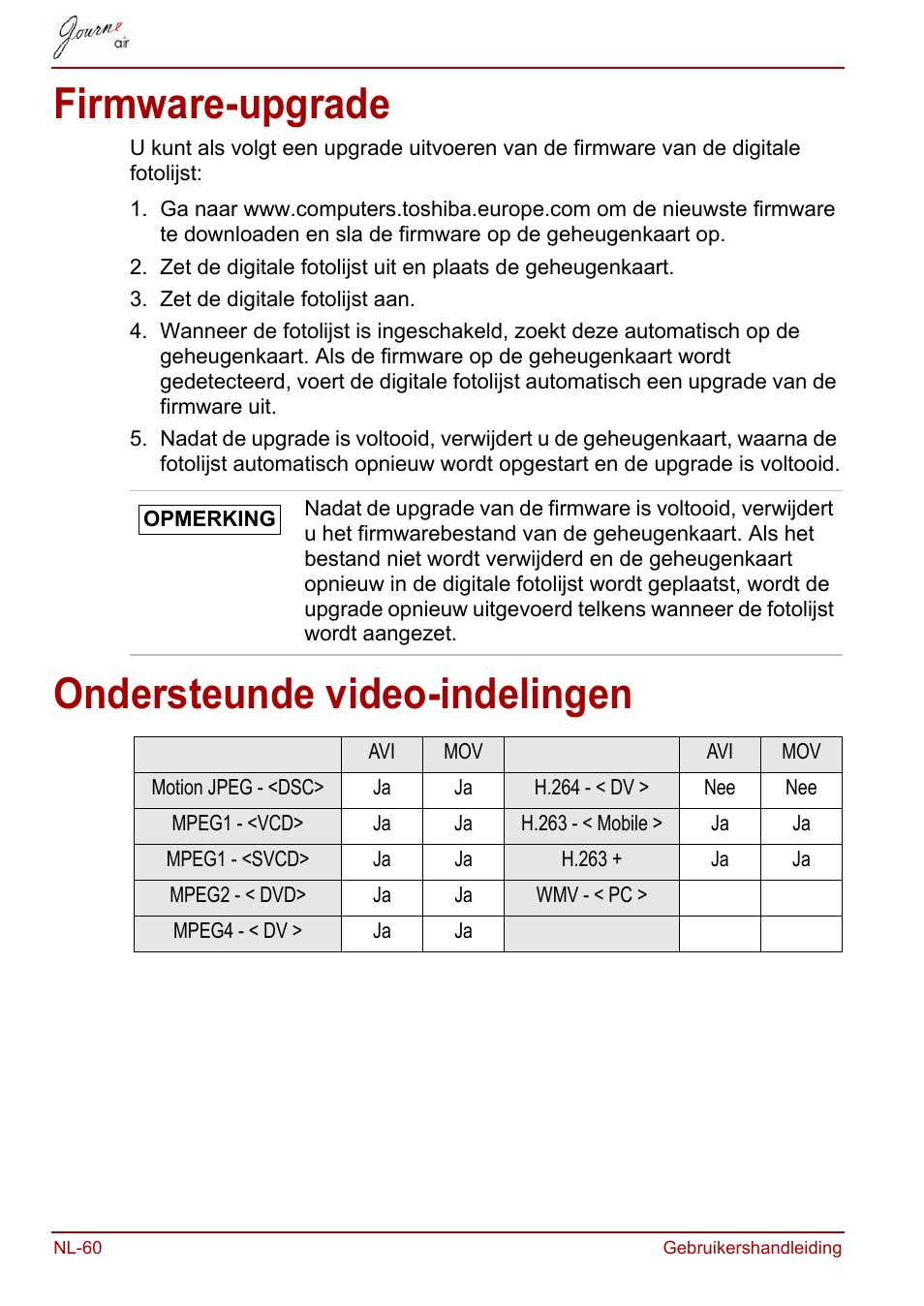 Firmware-upgrade, Ondersteunde video-indelingen, Firmware-upgrade ondersteunde video-indelingen | Toshiba JournE Air800-801 User Manual | Page 510 / 706