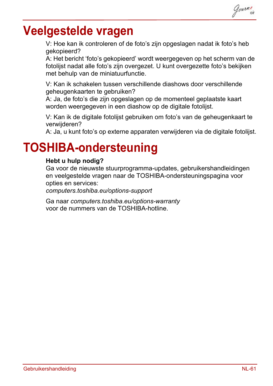 Veelgestelde vragen, Toshiba-ondersteuning, Veelgestelde vragen toshiba-ondersteuning | Toshiba JournE Air800-801 User Manual | Page 511 / 706