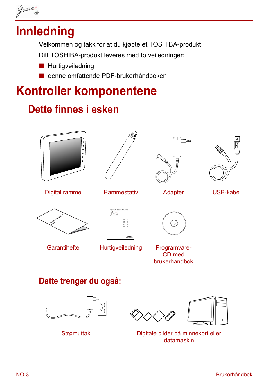 Innledning, Kontroller komponentene, Innledning kontroller komponentene | Dette finnes i esken, Dette trenger du også | Toshiba JournE Air800-801 User Manual | Page 518 / 706