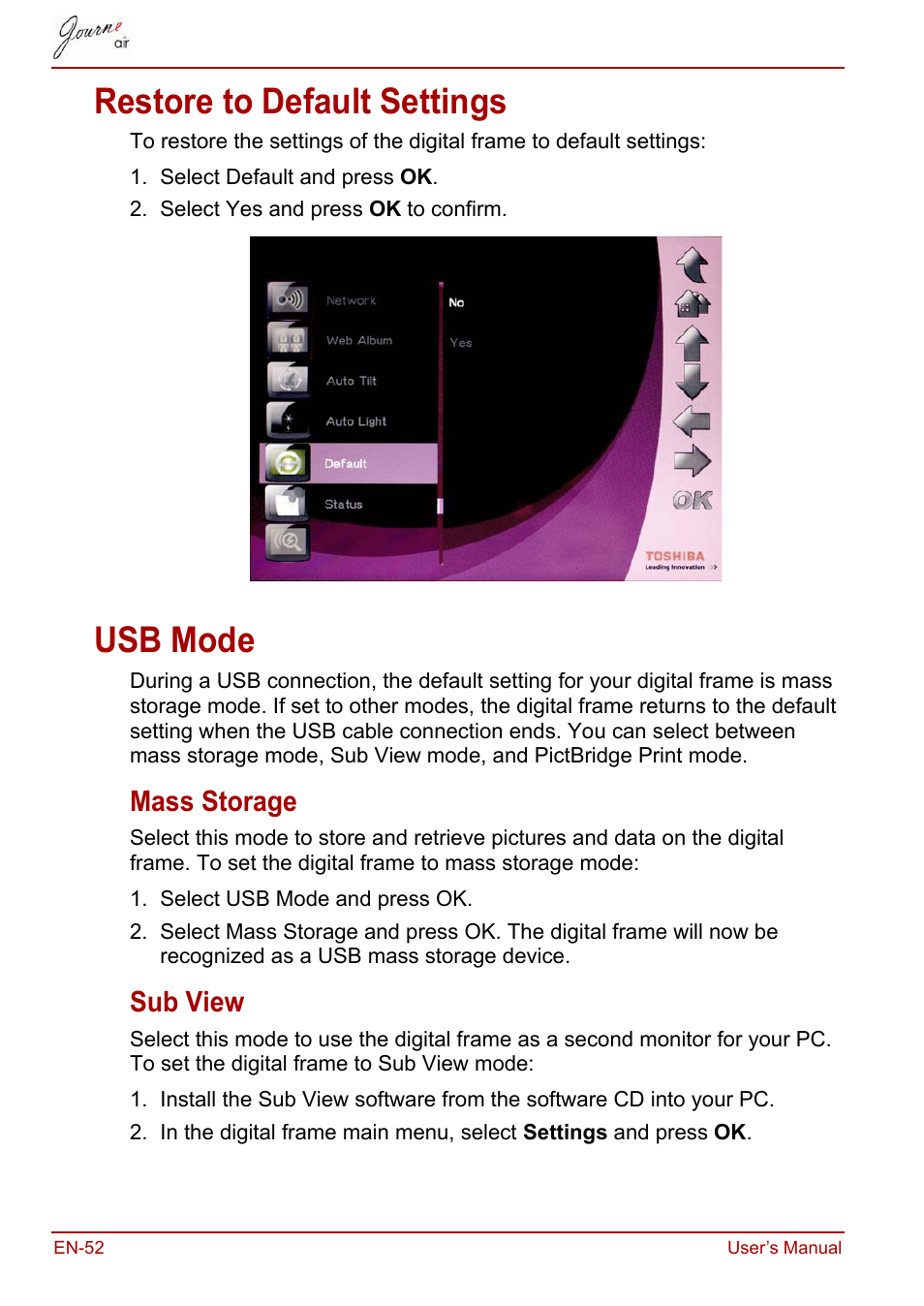 Restore to default settings, Usb mode, Mass storage | Sub view, Restore to default settings usb mode, Mass storage sub view | Toshiba JournE Air800-801 User Manual | Page 52 / 706