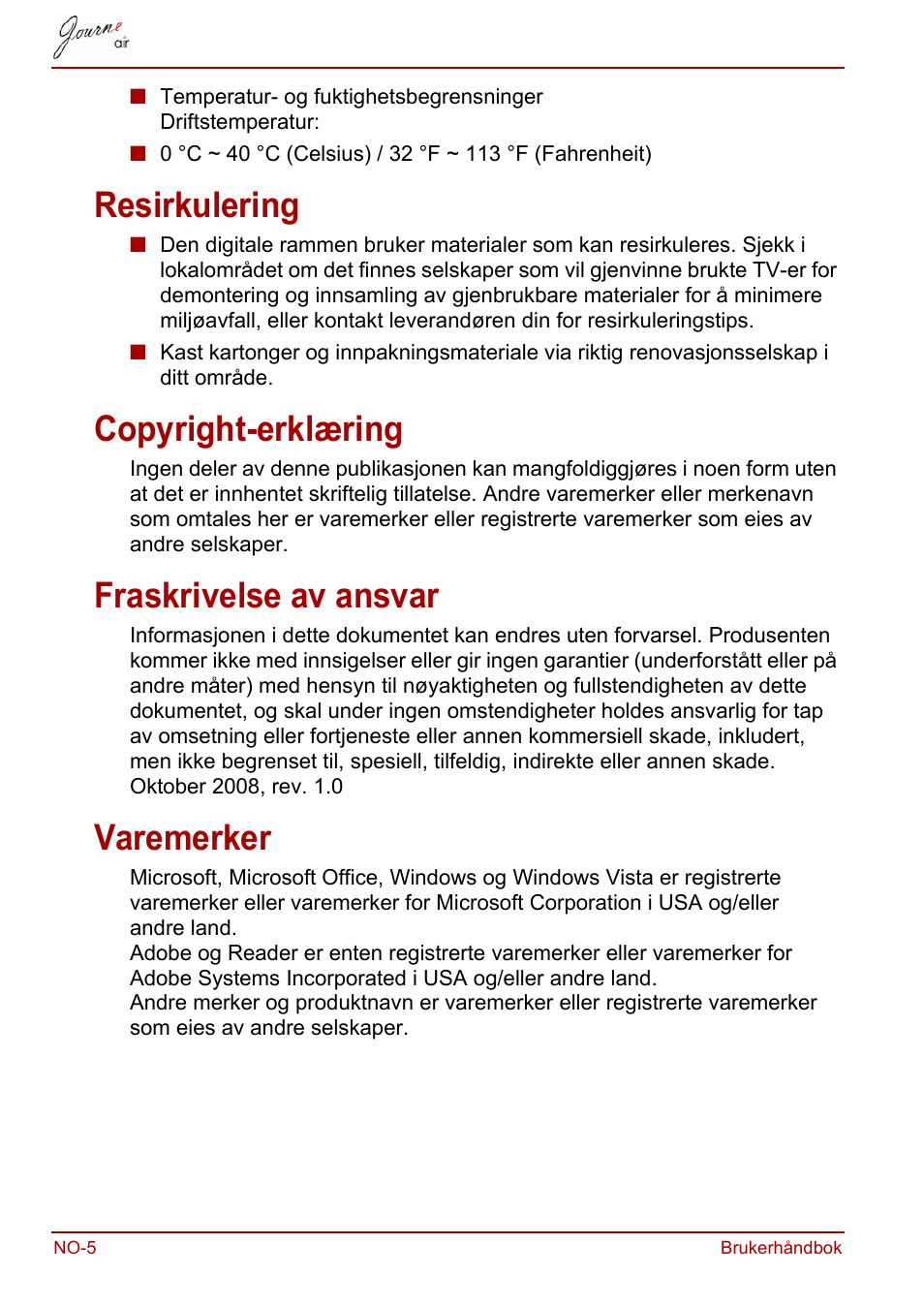 Resirkulering, Copyright-erklæring, Fraskrivelse av ansvar | Varemerker | Toshiba JournE Air800-801 User Manual | Page 520 / 706