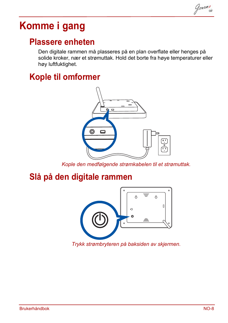 Komme i gang, Plassere enheten, Kople til omformer | Slå på den digitale rammen | Toshiba JournE Air800-801 User Manual | Page 523 / 706