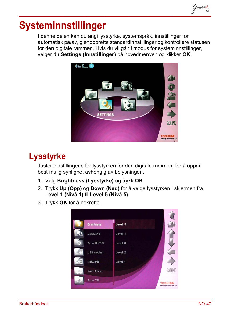 Systeminnstillinger, Lysstyrke | Toshiba JournE Air800-801 User Manual | Page 555 / 706