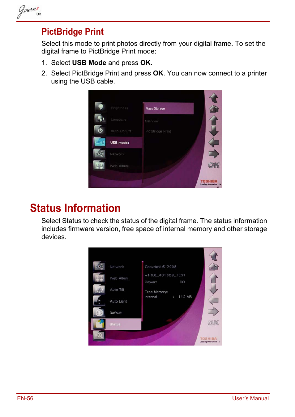 Pictbridge print, Status information | Toshiba JournE Air800-801 User Manual | Page 56 / 706