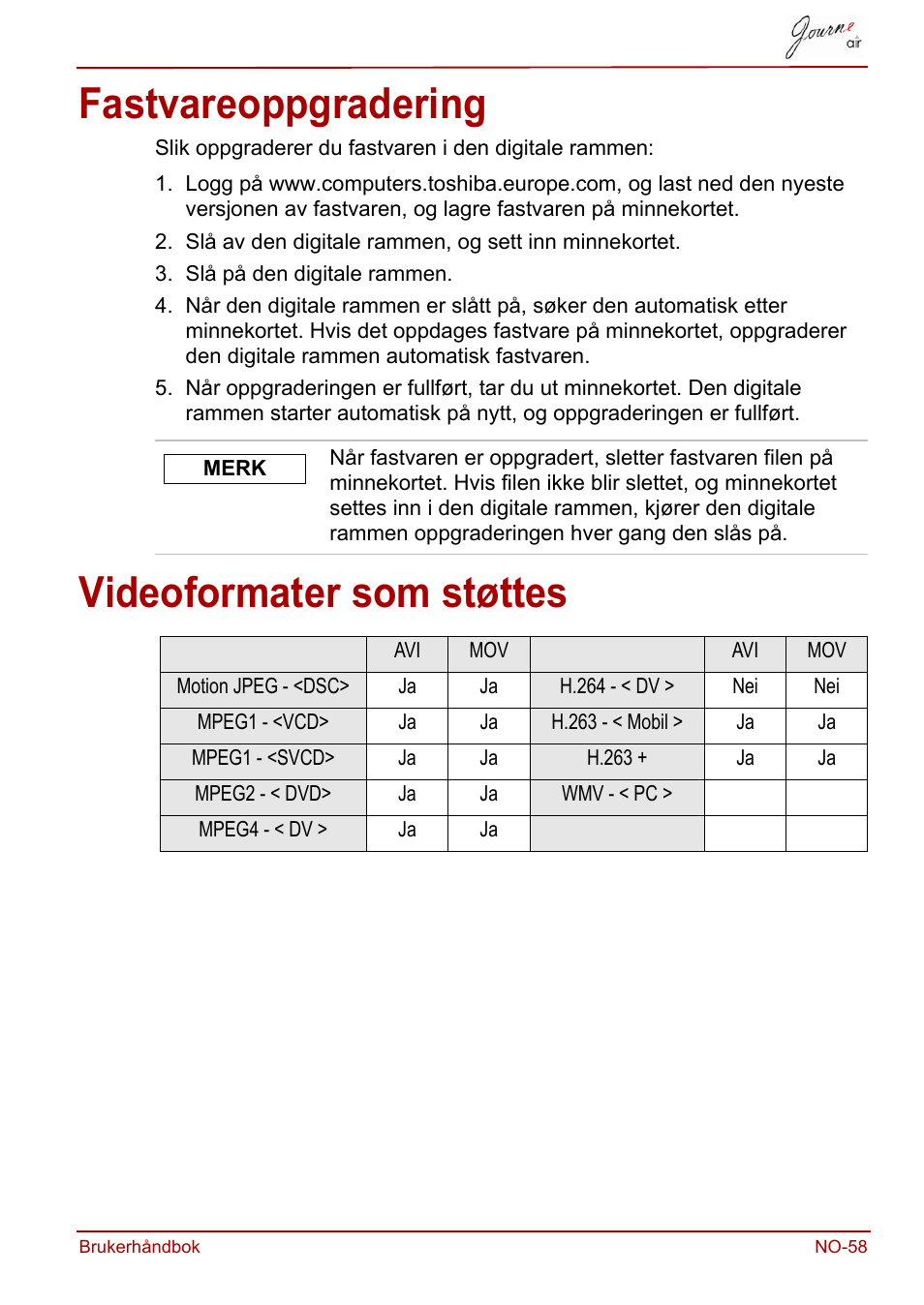 Fastvareoppgradering, Videoformater som støttes, Fastvareoppgradering videoformater som støttes | Toshiba JournE Air800-801 User Manual | Page 573 / 706