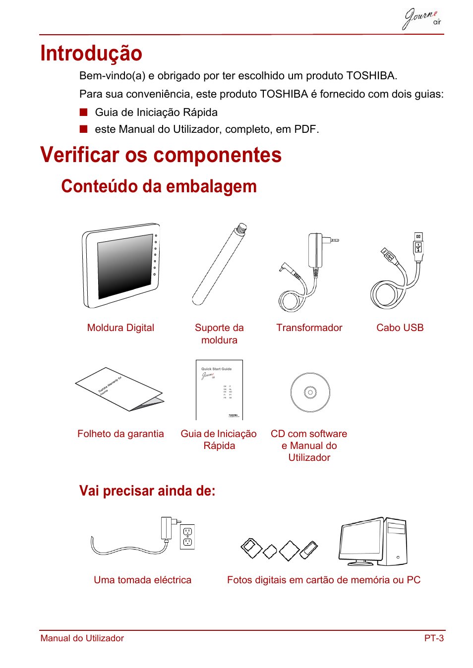 Introdução, Verificar os componentes, Introdução verificar os componentes | Conteúdo da embalagem, Vai precisar ainda de | Toshiba JournE Air800-801 User Manual | Page 581 / 706