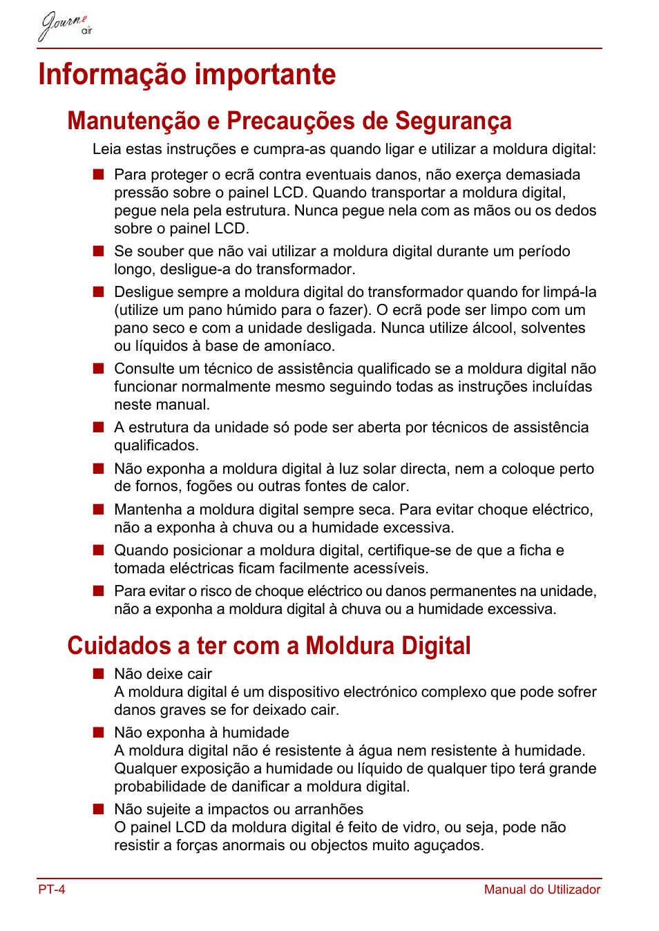 Informação importante, Manutenção e precauções de segurança, Cuidados a ter com a moldura digital | Toshiba JournE Air800-801 User Manual | Page 582 / 706