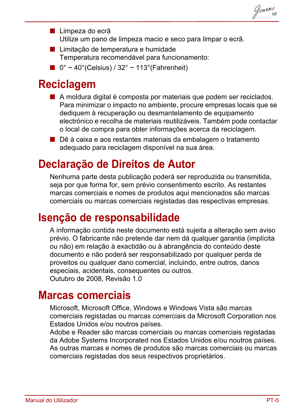 Reciclagem, Declaração de direitos de autor, Isenção de responsabilidade | Marcas comerciais | Toshiba JournE Air800-801 User Manual | Page 583 / 706