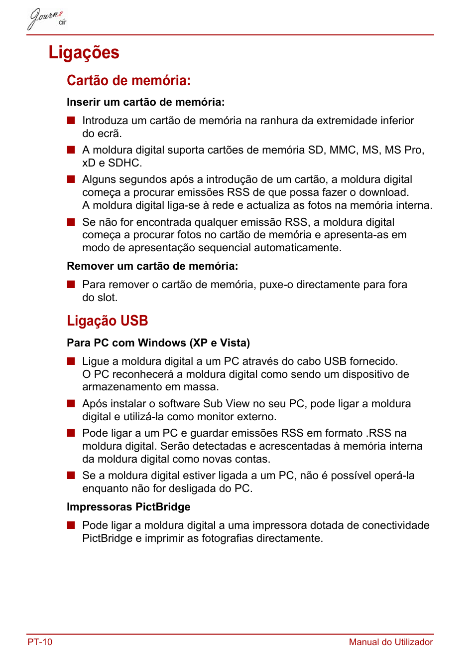 Ligações, Cartão de memória, Ligação usb | Cartão de memória: ligação usb | Toshiba JournE Air800-801 User Manual | Page 588 / 706