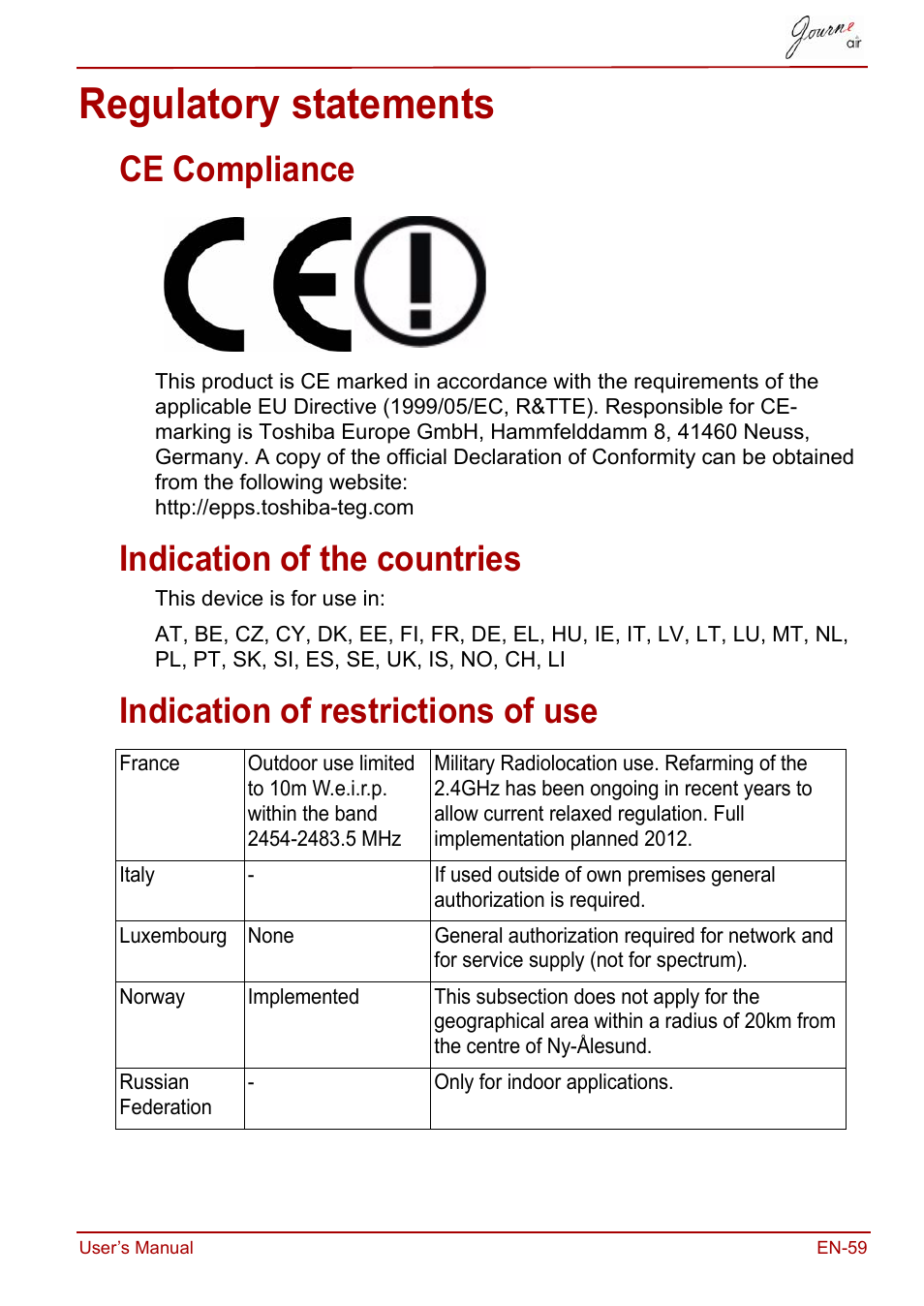 Regulatory statements, Ce compliance, Indication of the countries | Indication of restrictions of use | Toshiba JournE Air800-801 User Manual | Page 59 / 706