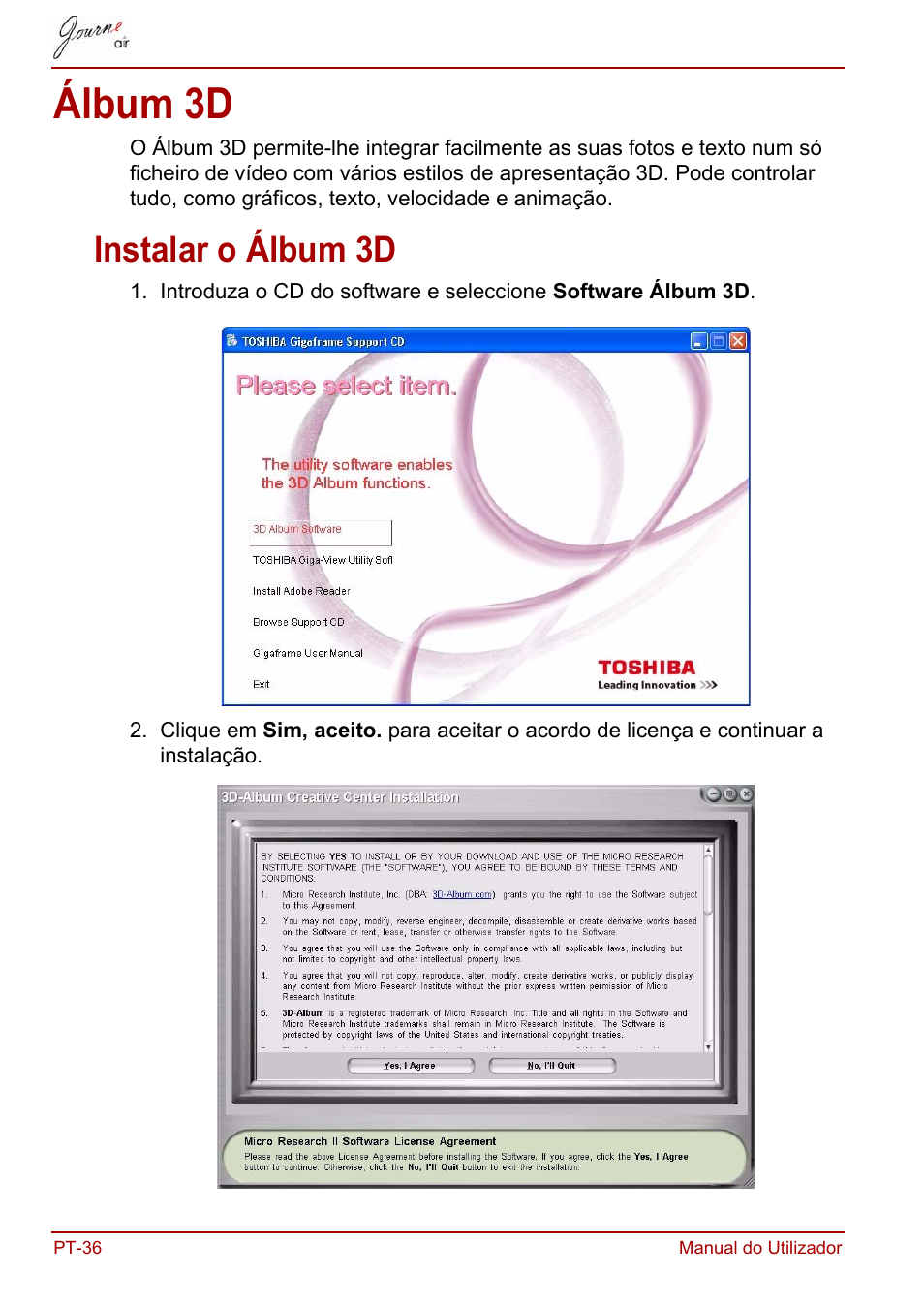 Álbum 3d, Instalar o álbum 3d | Toshiba JournE Air800-801 User Manual | Page 614 / 706