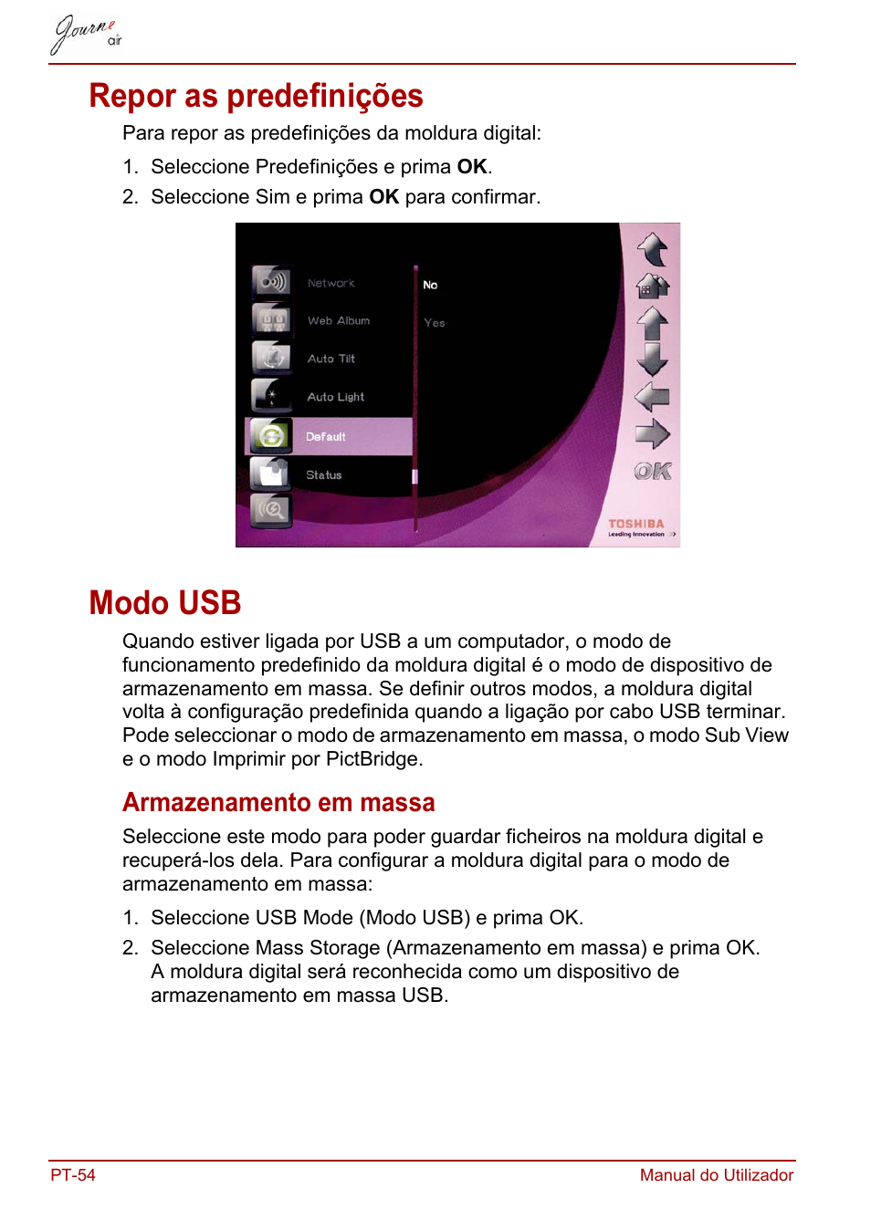 Repor as predefinições, Modo usb, Armazenamento em massa | Repor as predefinições modo usb | Toshiba JournE Air800-801 User Manual | Page 632 / 706