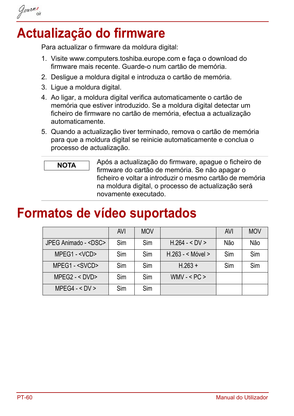 Actualização do firmware, Formatos de vídeo suportados | Toshiba JournE Air800-801 User Manual | Page 638 / 706