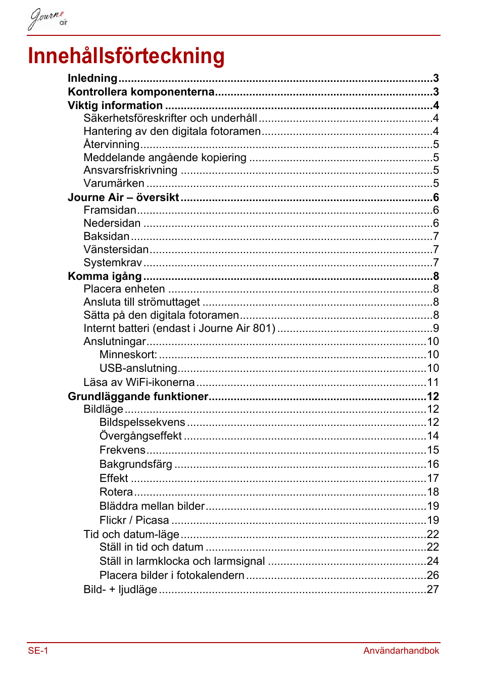 Användarhandbok, Innehållsförteckning | Toshiba JournE Air800-801 User Manual | Page 644 / 706