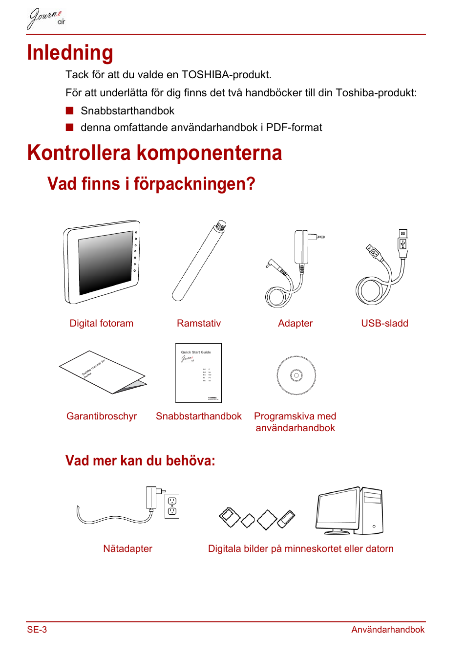 Inledning, Kontrollera komponenterna, Inledning kontrollera komponenterna | Vad finns i förpackningen, Vad mer kan du behöva | Toshiba JournE Air800-801 User Manual | Page 646 / 706