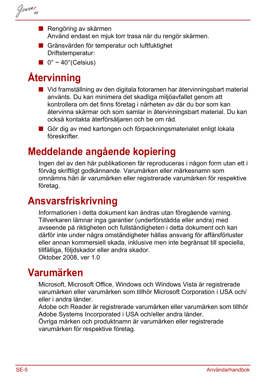 Återvinning, Meddelande angående kopiering, Ansvarsfriskrivning | Varumärken | Toshiba JournE Air800-801 User Manual | Page 648 / 706