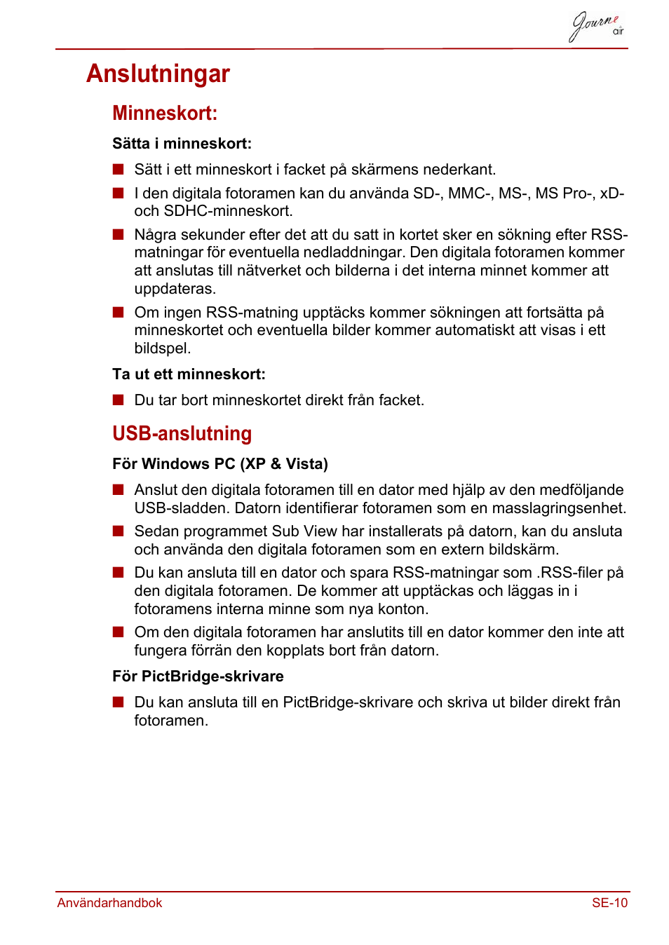 Anslutningar, Minneskort, Usb-anslutning | Minneskort: usb-anslutning | Toshiba JournE Air800-801 User Manual | Page 653 / 706