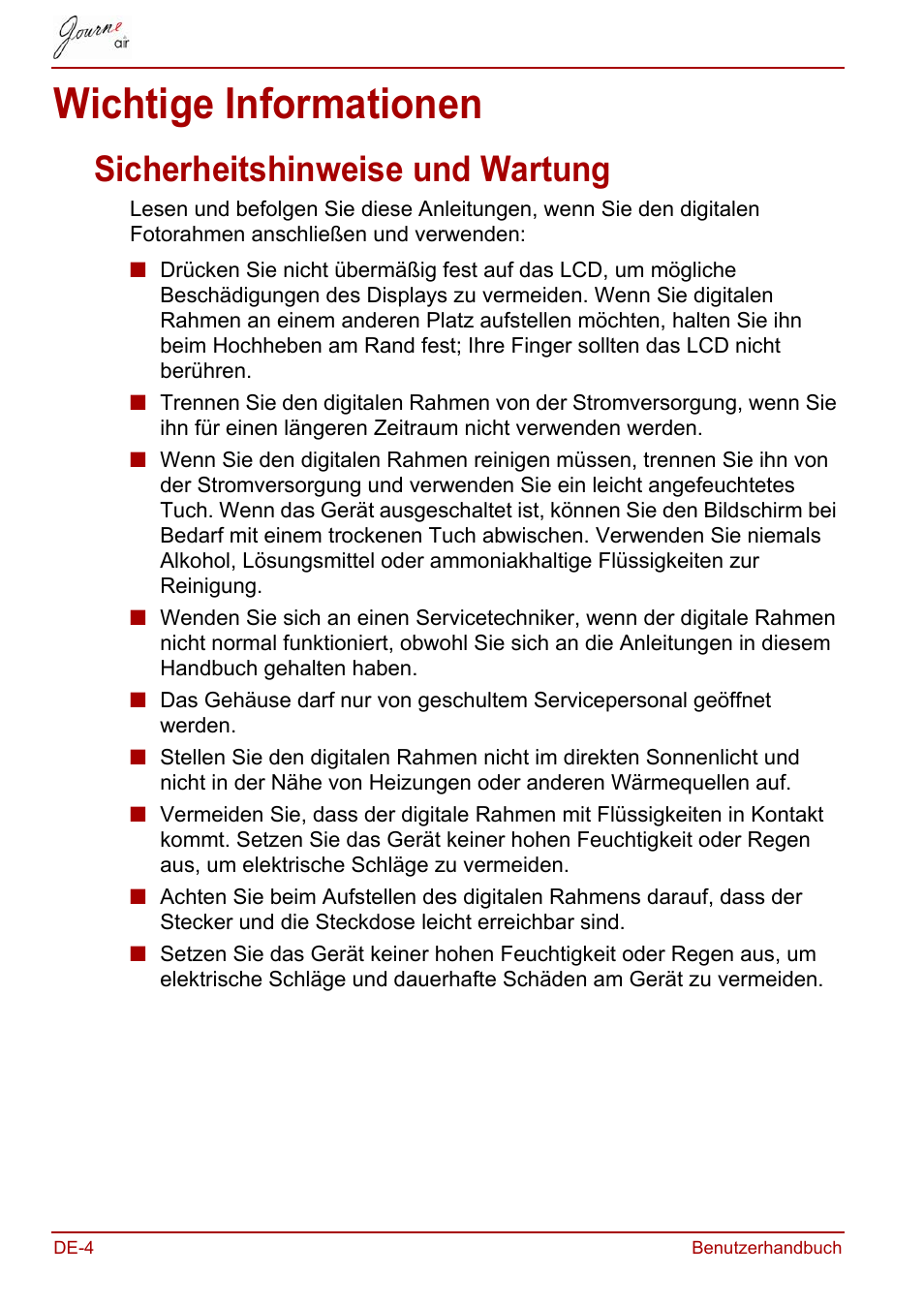 Wichtige informationen, Sicherheitshinweise und wartung | Toshiba JournE Air800-801 User Manual | Page 66 / 706