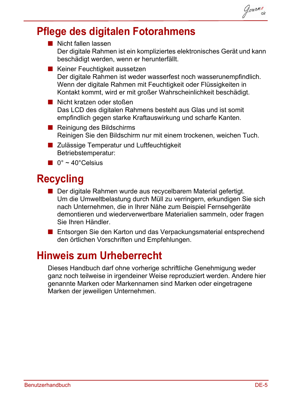 Pflege des digitalen fotorahmens, Recycling, Hinweis zum urheberrecht | Toshiba JournE Air800-801 User Manual | Page 67 / 706